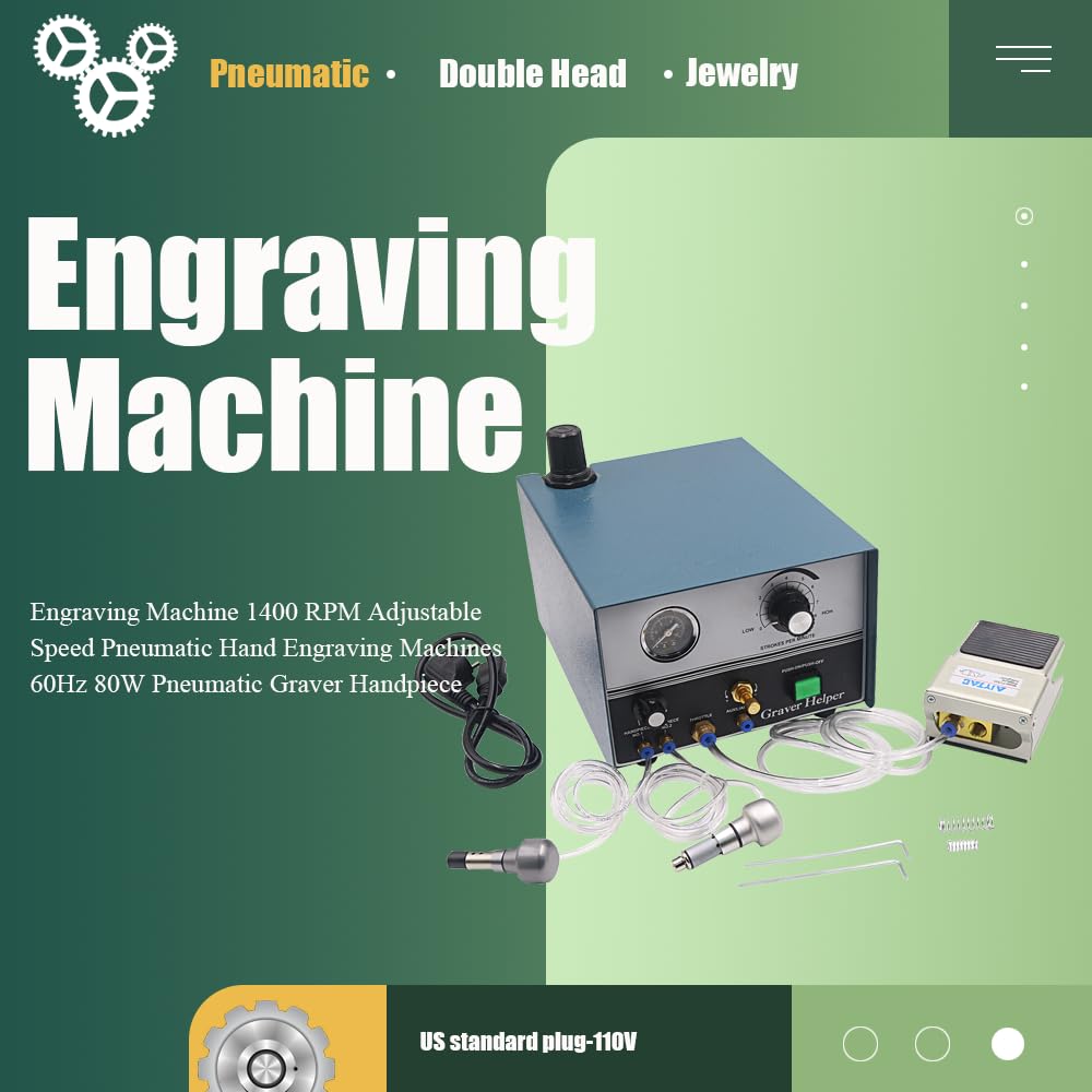 Double Head Pneumatic Jewelry Engraver Machine 110V 60Hz Pneumatic Hand Engraving Machines 100-4000 RPM Pneumatic Graver Handpiece Micro Engraer for Jewelry Crafts and Wrought Iron