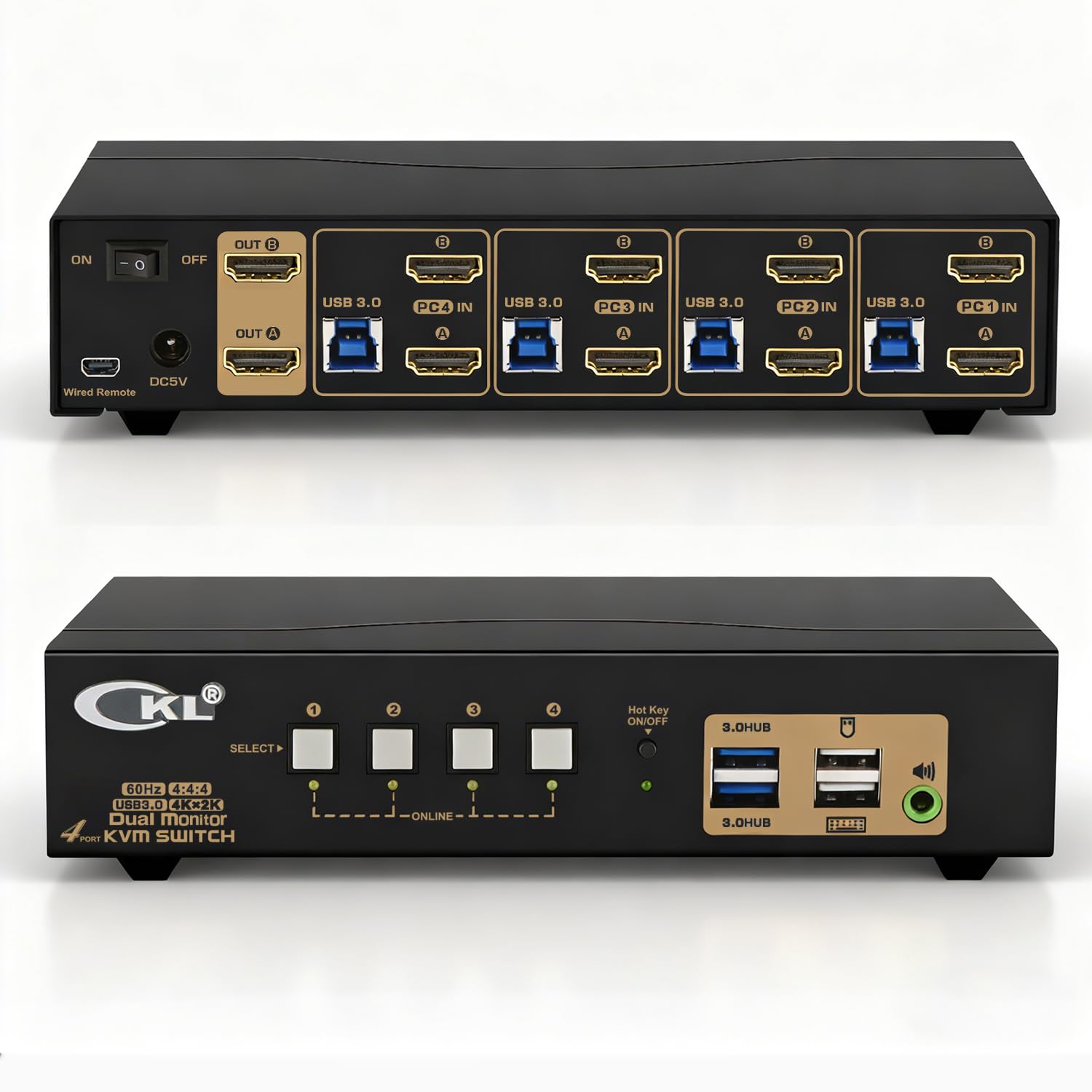 KVM Switch Dual Monitor HDMI 4K@60Hz (2 Monitors 4 Computers 942HUA-3) for Home and Office to Console Desktops/Laptops, Support USB 3.0, Hot Key, Audio, Wireless Keyboard and Mouse