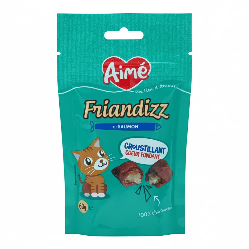 Ama Friandizz, Dulce para Gato con Salmón, Comida para Gato Adulto, Alimento Complementario Crujiente con Corazón Fondant, sin Azúcares ni Sabores Artificiales añadidos, hasta 15 Piezas/Día