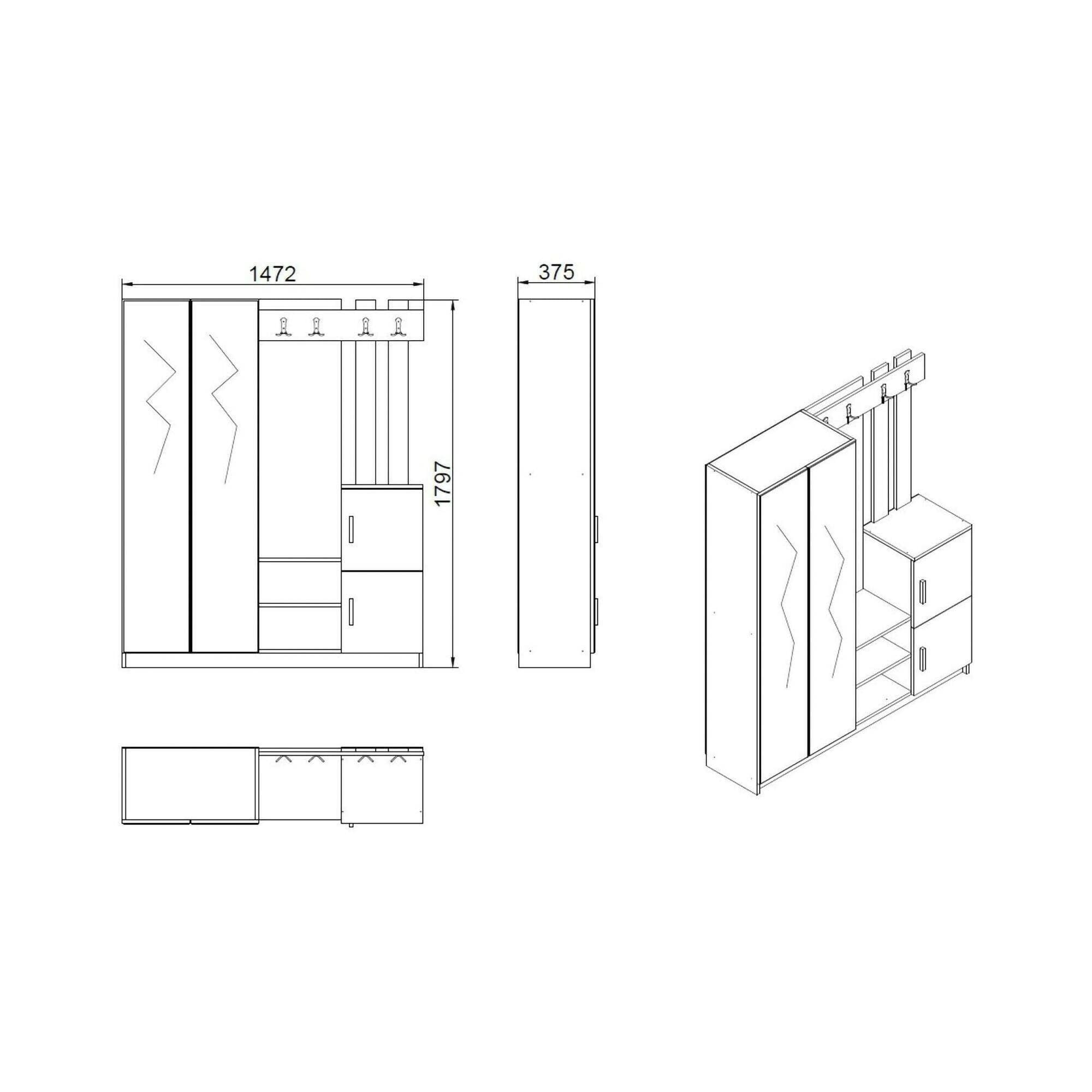Dmora Mobile da Ingresso Borealis, Entratina Appendiabiti, Composizione per atrio, Consolle portaoggetti Multifunzione, 147x38h180 cm, Quercia e Bianco