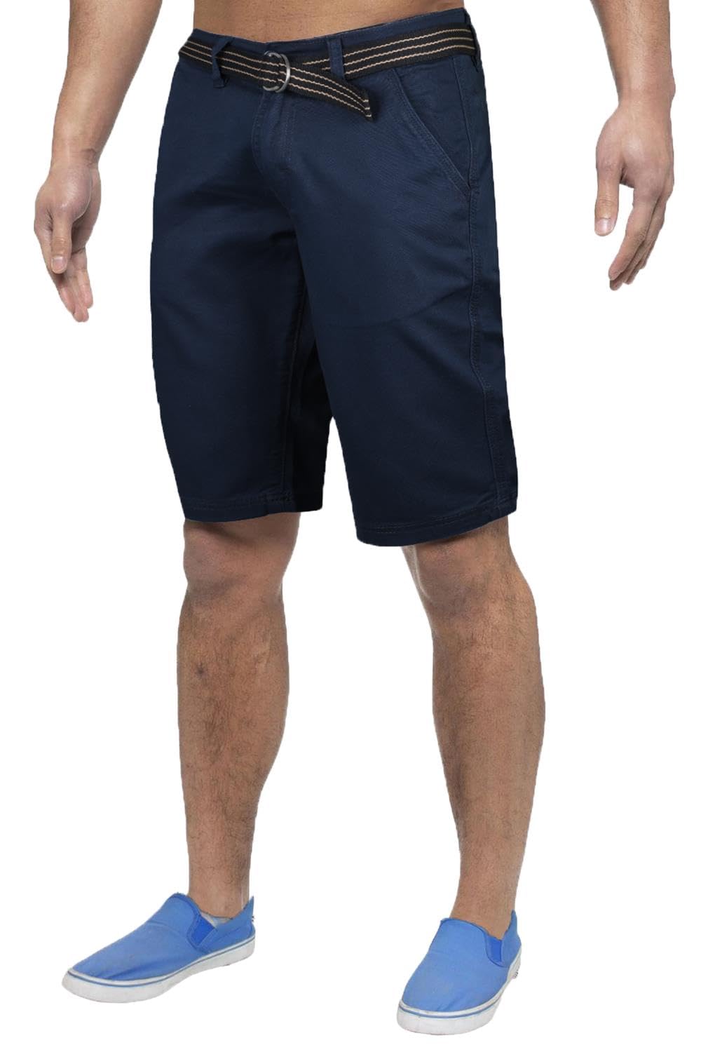 True Face Men Shorts Stretchable Chino Cotton Slim Fit Shorts Zip Fly Summer Half Pants with Belt Casual Knee Length Bottoms with Pockets Navy 34