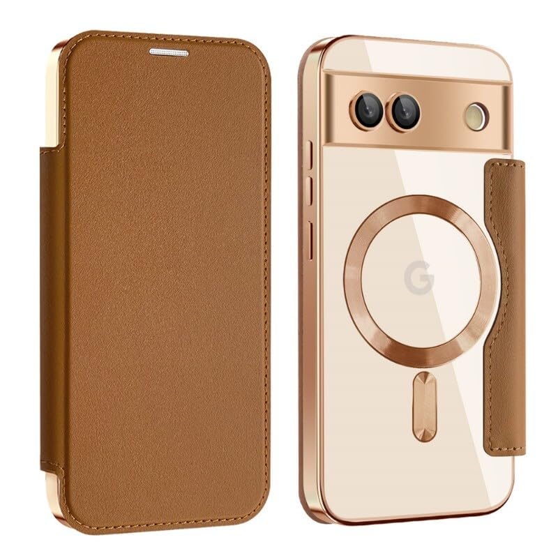 Coque Pixel 10 Pro XL marron en cuir chic avec clapet transparent rigide