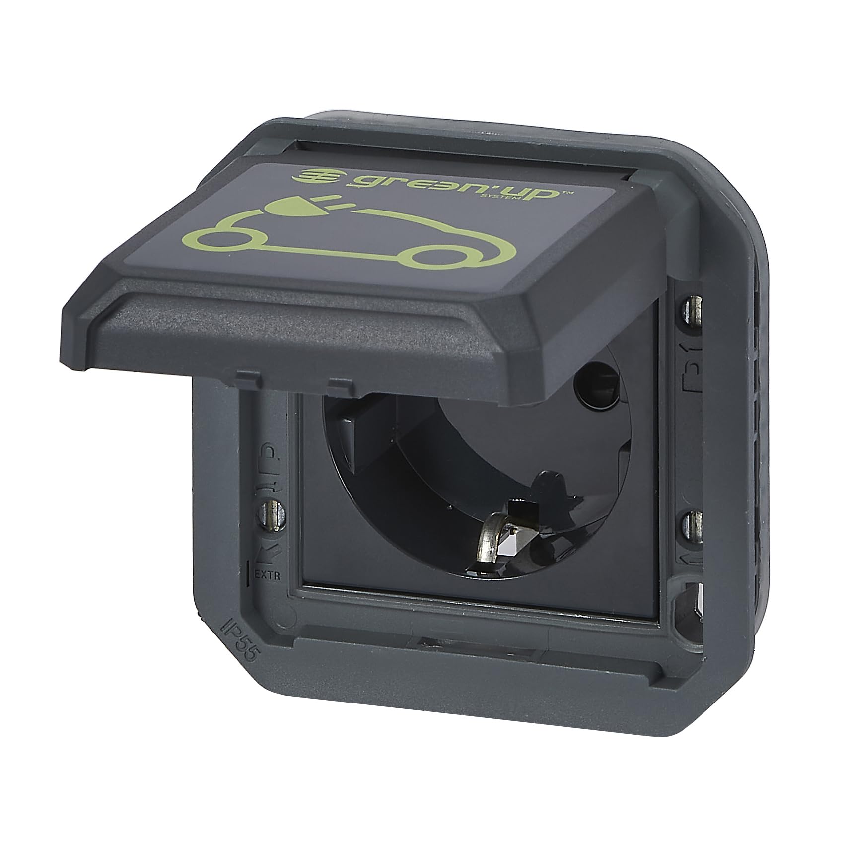 Legrand, Plexo New Einsatz, Presa per ambienti umidi ad incasso, EV-Carica per veicoli elettrici, 230 V, 16 A, IP55, connessioni automatiche, standard Schuko, coperchio a ribalta integrato con