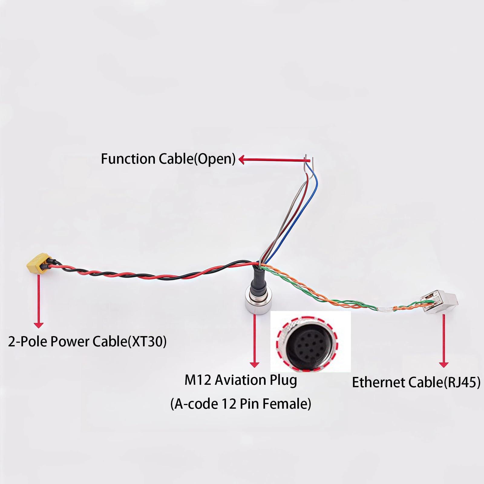 Spina di aviazione M12 a 12 pin da 1 a 3 fili per Livox Foraging MID-360 LID-360 LIDAR (femmina dritta a 12 pin a RJ45+XT30+cavi volanti, 5 m)