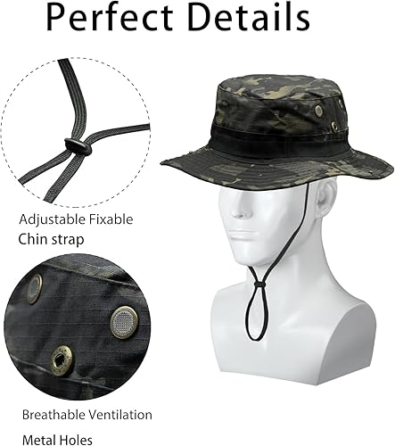 Miniatura 4 de Sombrero de camuflaje Boonie para hombres y mujeres, sombreros tácticos militares de ala ancha, UPF50+ gorra de sol de la selva para pesca, caza,