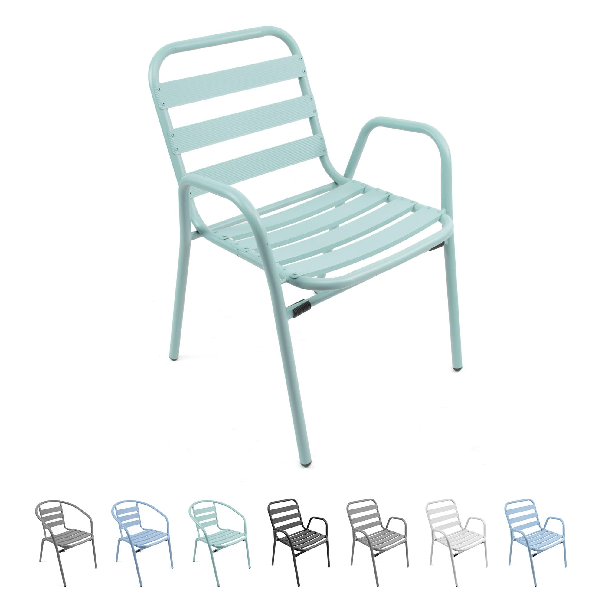 THE SECRET HOME - Silla de Aluminio con Reposabrazos para Jardín - Alto 76 cm x Largo 56 cm x Ancho 48 cm - Color Verde Claro - Asiento Apilable de Exterior para Balcón, Terraza y Jardín