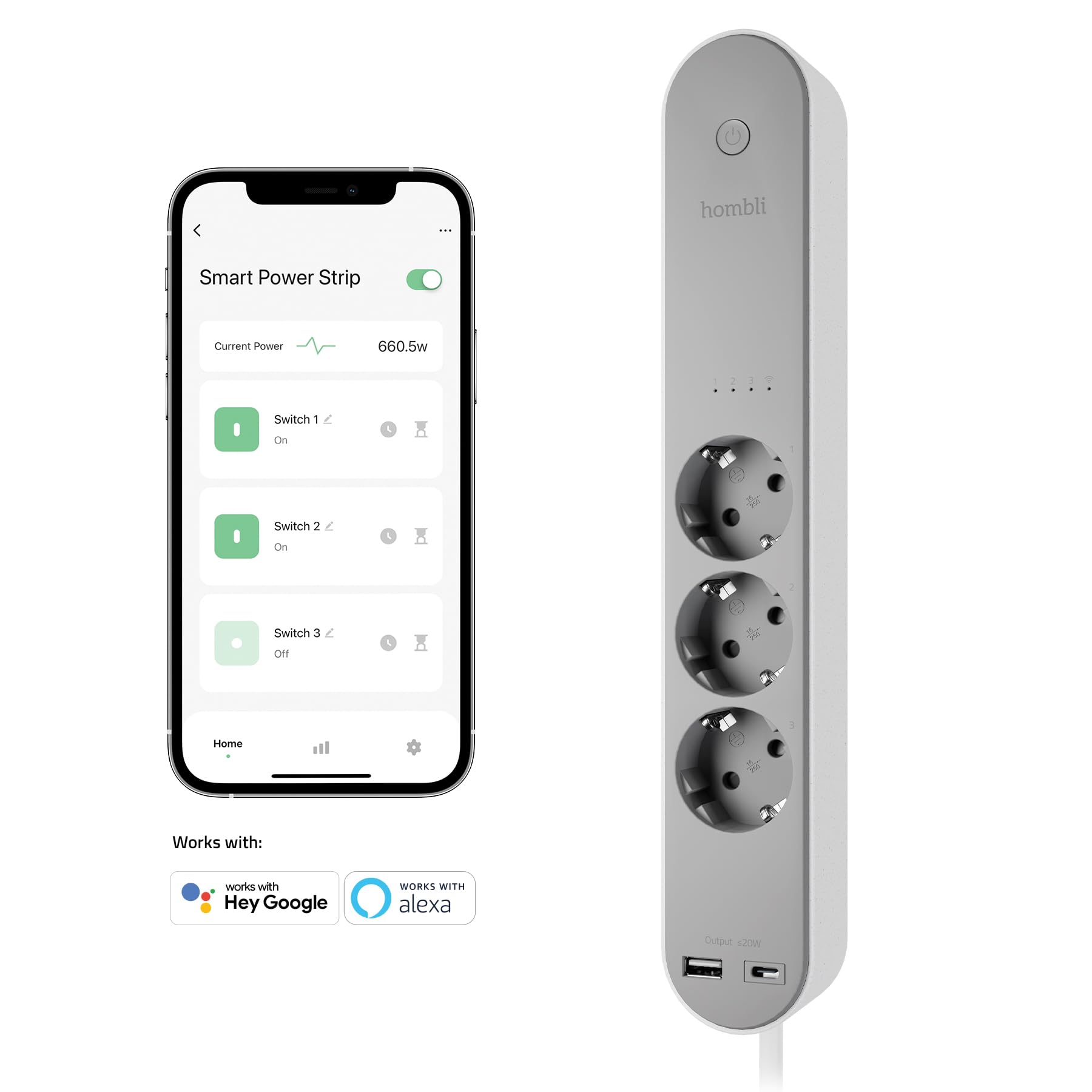 Hombli Smart Regleta con 3 Salidas AC y 2 USB | Regleta Wi-Fi con Protección contra Sobretensiones y Protección Infantil | Montaje en Pared | Cable de 1,5m | Compatible con Alexa y Google
