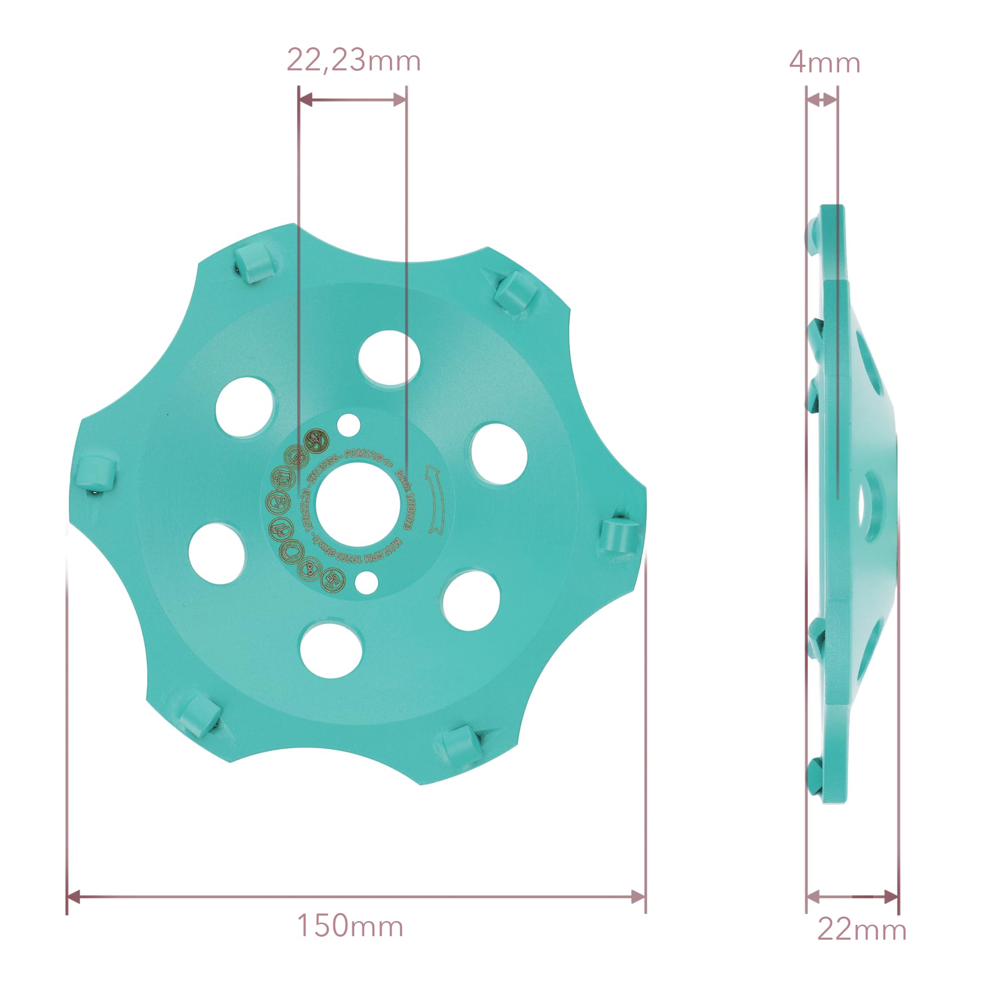PRODIAMANT PKD, profesjonalna diamentowa tarcza szlifierska 150 mm x 22,23 mm, 6 segmentów PCD, do betonu, jastrychu, powłok, kleju i tynku