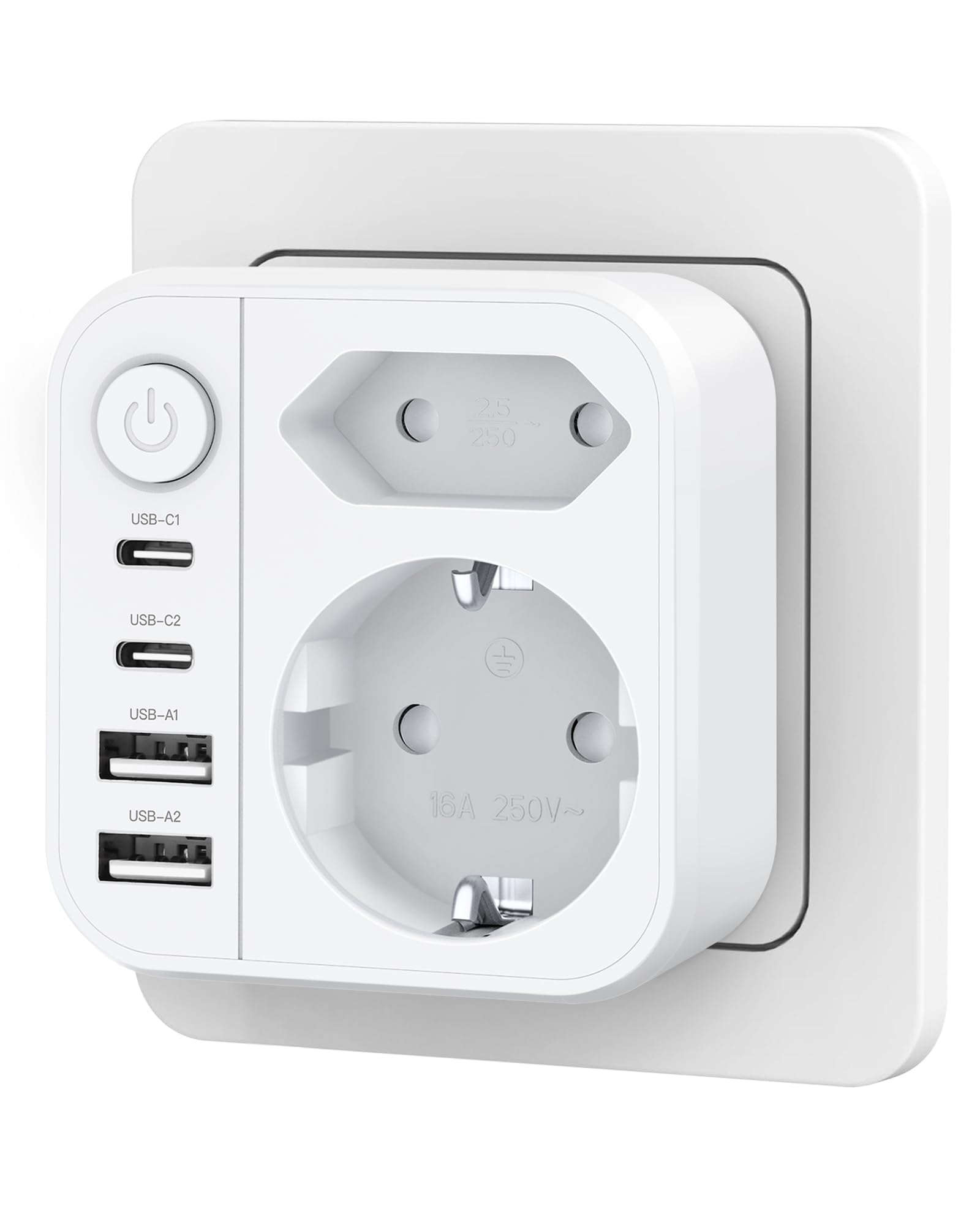 Regletas Enchufes 6-en-1, Enchufes Múltiplescon Adaptador USB, Enchufe de Pared con Interruptor (4000W/16A), Ladron Enchufes para Hogar/Oficina/Viaje