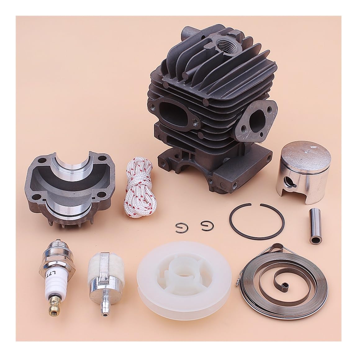 Kit de Base de cárter de Motor de pistón de Cilindro de 34 mm, Compatible con polea de Arranque de Retroceso de 25 CC China, bujía y Pieza de Motosierra.