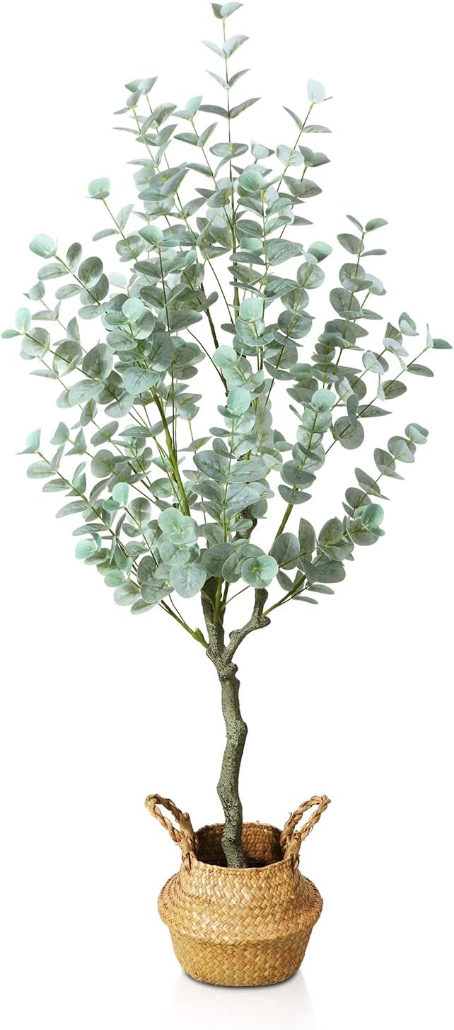SOGUYI Artificial Eucalyptus Tree 4ft Tall Fake Silver Dollar Leaves Eucalyptus Plants Faux Silk Eucalyptus Stems, Come with Woven Seagrass Belly Basket Artificial Plant for Home Decor Indoor
