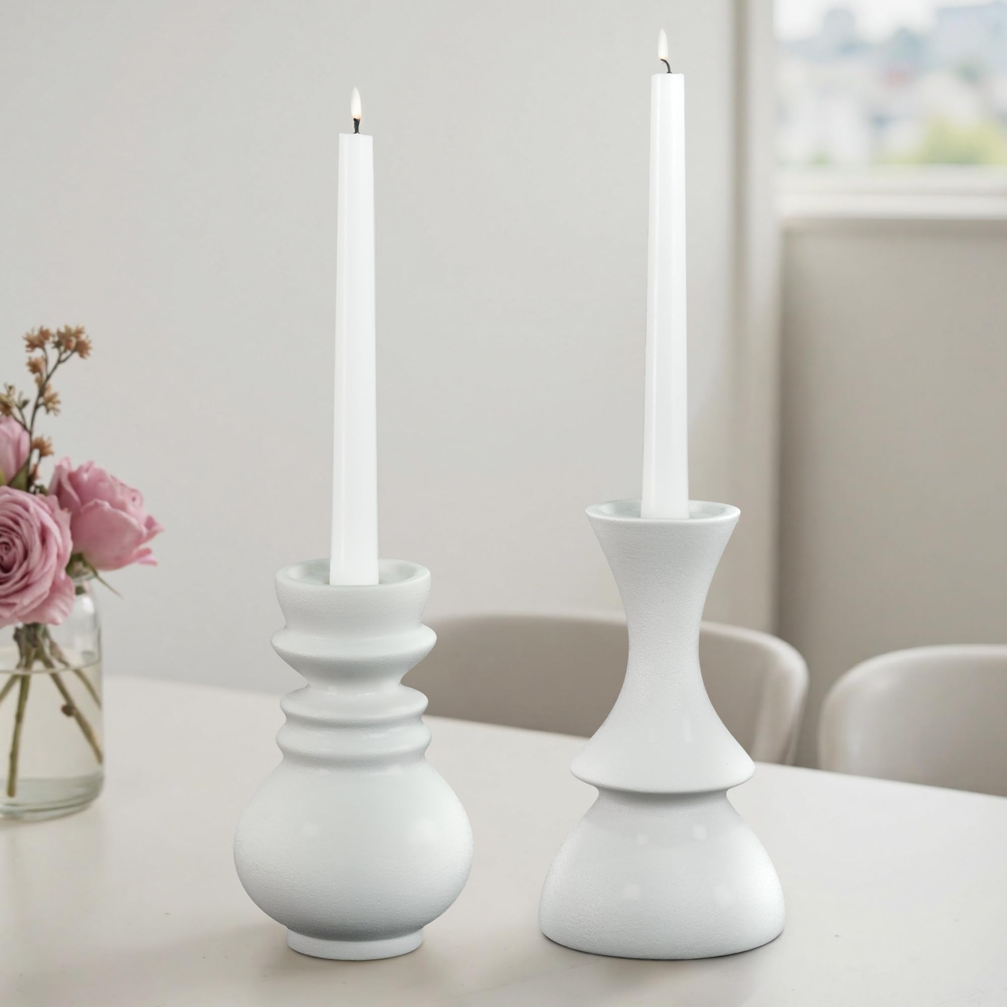 OOSTONEE White Large Candle Holders for Pillar Candles, Ceramic Candlestick Holders Decorative for Modern Home Decor Ideal for Table Centerpieces, Coffee Table or Bookshelf, 7.7inch - Set of 2