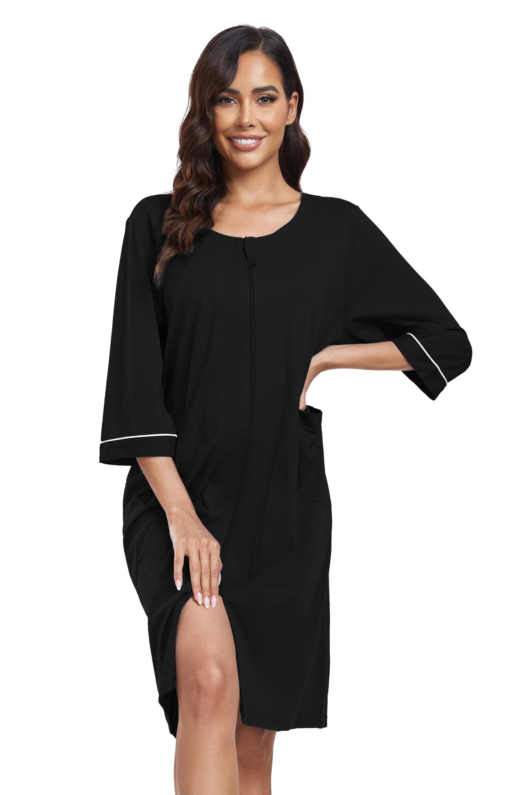 COLORFULLEAF Women's 100% Cotton Robe Lightweight 3/4 Sleeve Zip Front Robes Soft Knee Length Bathrobe Housecoat