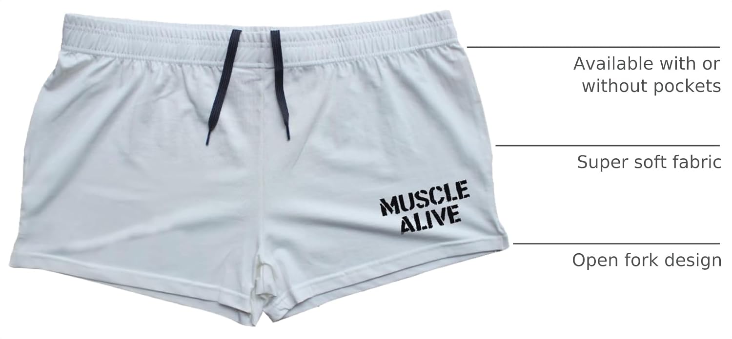 Muscle Alive Mens Bodybuilding Shorts Cotton | drawstring inside, without pockets, no lining, super soft ,light weight, athletic fit gym workout running sports