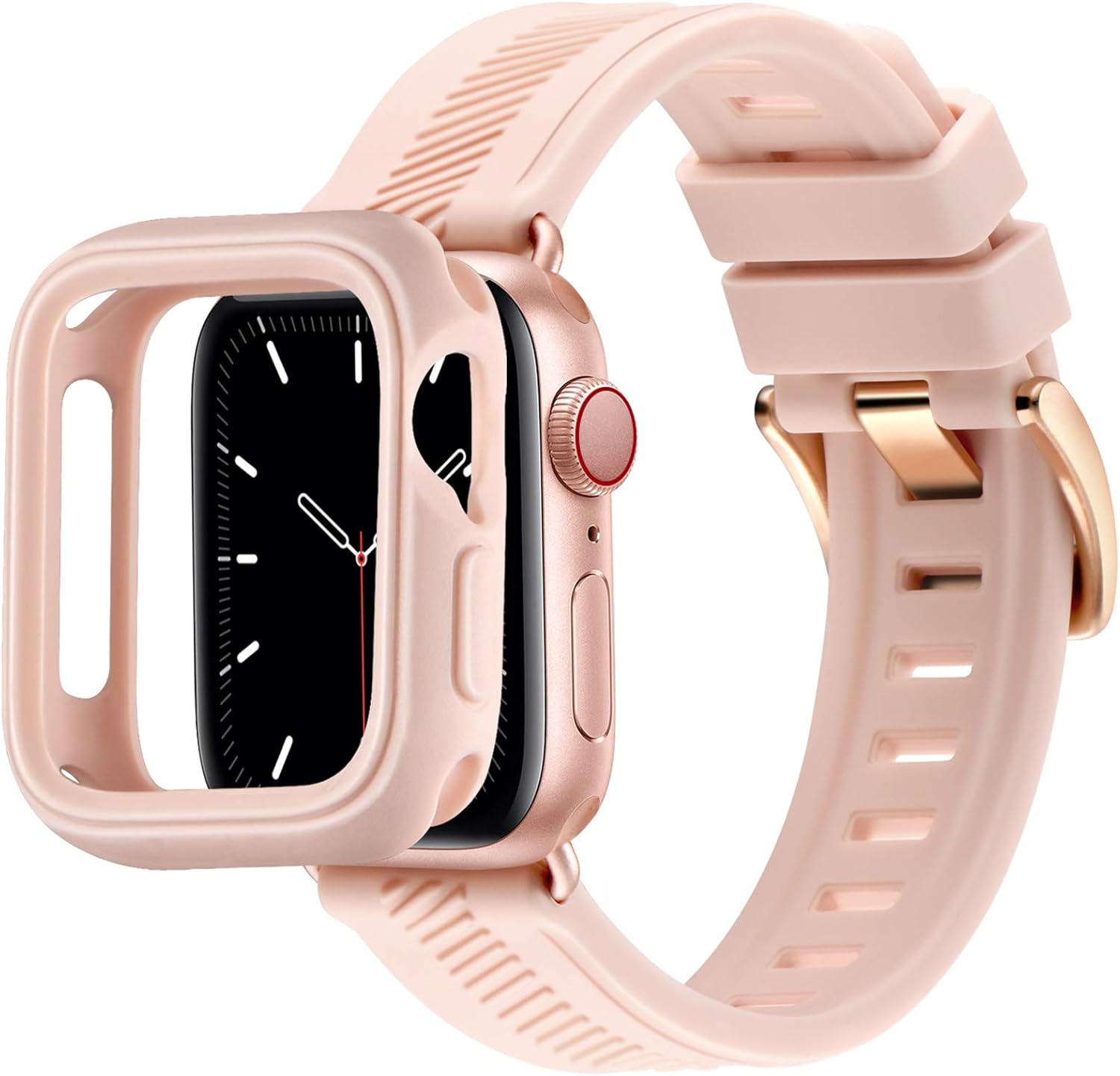 Compatible with Apple Watch Bands 44mm 42mm 40mm 38mm, Soft Silicone Waterproof Sport Band Loop with Protective Case for iWatch Series 6/5/4/3/2/1&SE (Pink Sand/Rose Gold, 42mm/44mm)