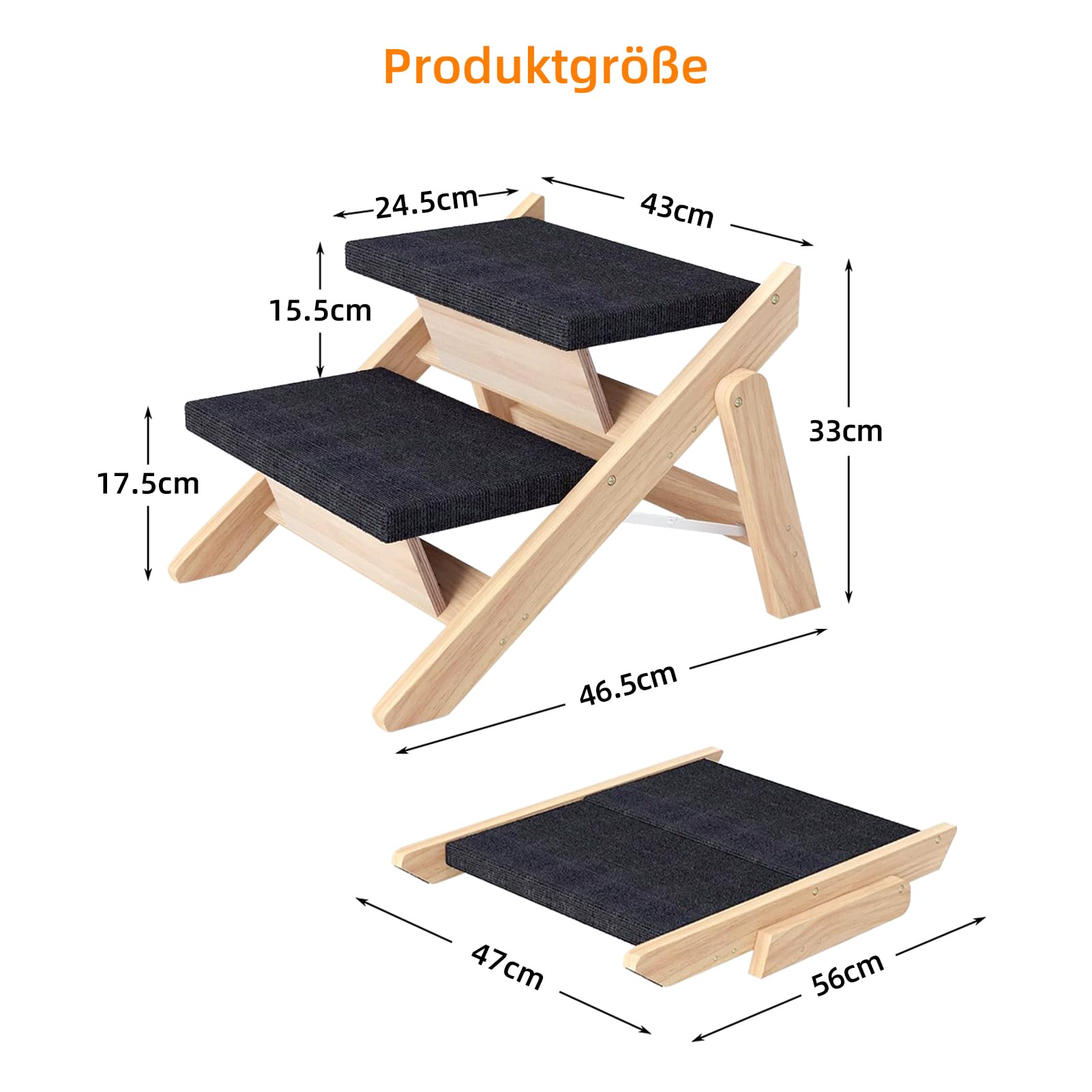 Hundetreppe für Kleine Hunde, 2-in-1 Faltbare Hundetreppe/Rampe aus Holz für Betten, Sofas und Autos, Haustiertreppe und Rampe 33cm Hoch, leicht zu bewegen katzentreppe, bis zu 80 KG