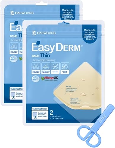 Easyderm Apósito Hidrocoloide Delgado para Heridas Grandes 4"x4" Paquete de 2 (4 Apósitos) Impermeable, Sin Látex, Altamente Absorbente para