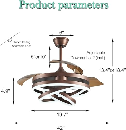 Miniatura 8 de Ventilador de techo retráctil de 42 pulgadas, modernos ventiladores de techo con luces y control remoto, motor de CC silencioso, 6 velocidades,