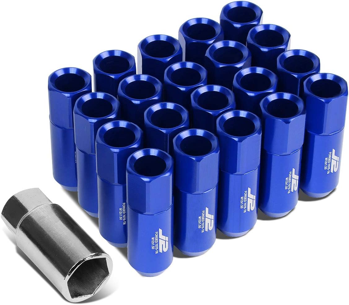 J2 Engineering 20 Pcs 7075 Aluminum Tall Open End M12 x 1.5 Lug Nuts Set w/Socket Adapter, Blue, Fit Conical Seat, LN-T7-003-15-BL