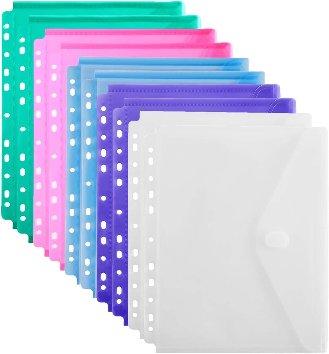 LaOficina 10 Packs 11 Holes Transparent Poly Project Envelope Pocket Insert Pages for Binders,with Hook and Loop Closure, Clear,Letter Size (Assorted)