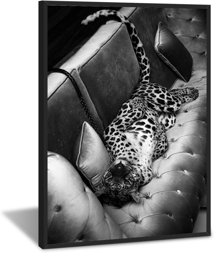 Trendy Black and White Wall Art Panther on The Sofa Posters Canvas Prints Vintage Fashion Cheetah Picture Poster Leopard Magazine Cover Aesthetic Wall Decor for Dorm Bedroom 8x12inch black framed