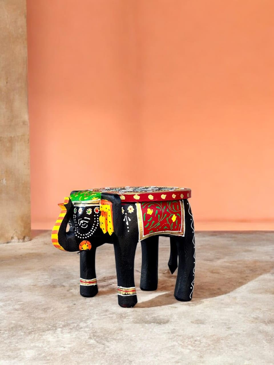 Wooden Elephant Stool for Table Decoration, Handcrafted Wooden Mini Stool with Elephant Design Size - L15.24, W22.5, H15.24 CM (Black/Green)-image-38