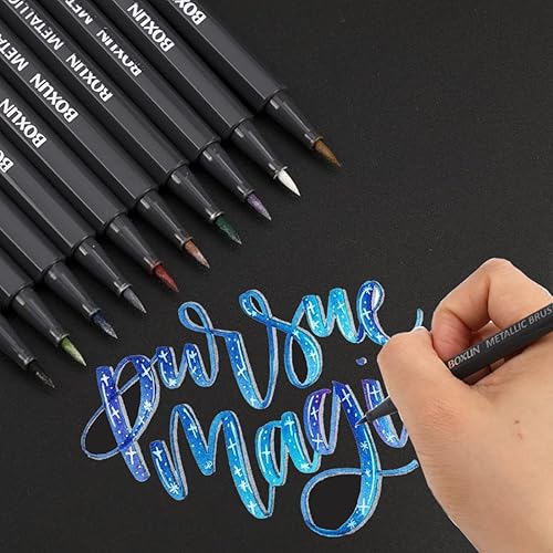 Boxun Marcadores de pincel metálicos, juego de 10 colores, marcador de arte para papel negro, letras de pincel, álbumes de recortes, fabricación de
