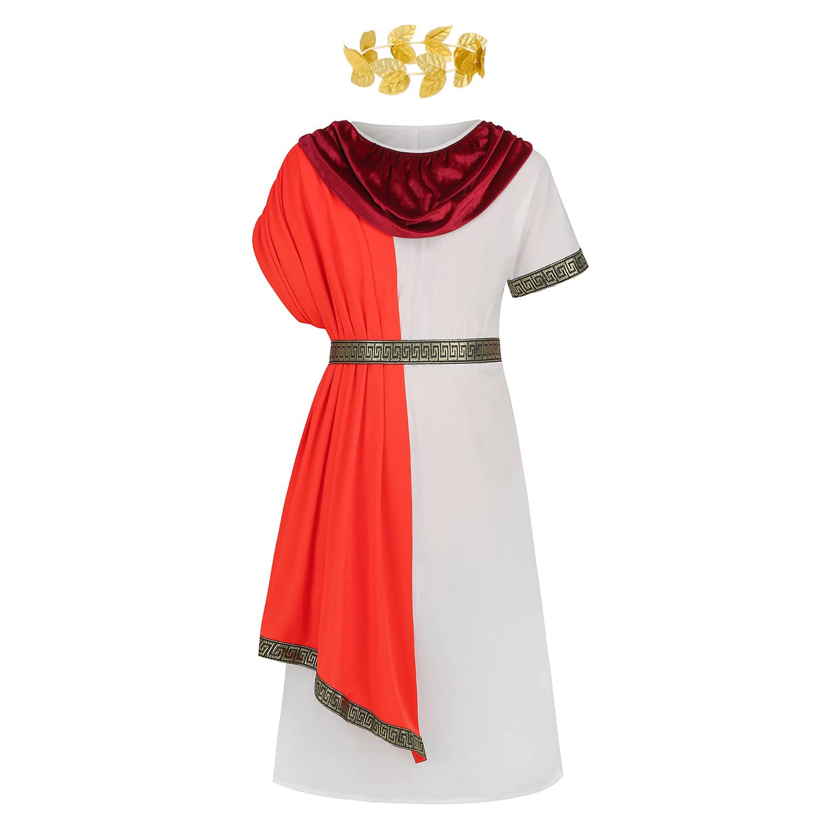 Deluxe Roman Toga Costume for Kids, Ancient Greek Costume for Boys/Girls, Halloween Greek Day World Book Day Fancy Dress with Red Robe Tiara Belt