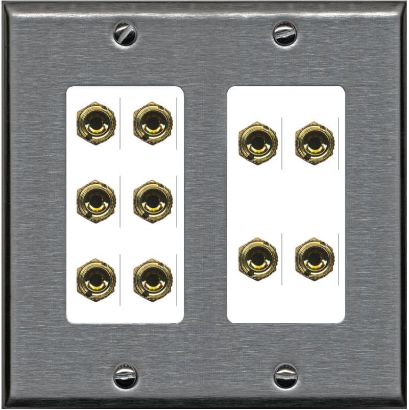 RiteAV 10 Banana 5 Speaker Surround 2 Gang Coupler Decorative Wall Plate - 2 Gang [Stainless/White]