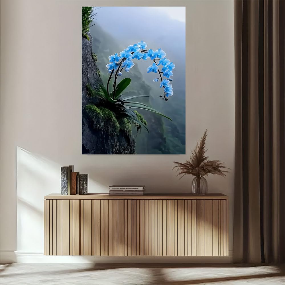 CWZBFEH 1pc Mystic Blue Orchids on a Ledge Vertical Canvas Wall Art - Minimalist Flower for Home, Office, Bars, Cafes(30x40cm/No frame)