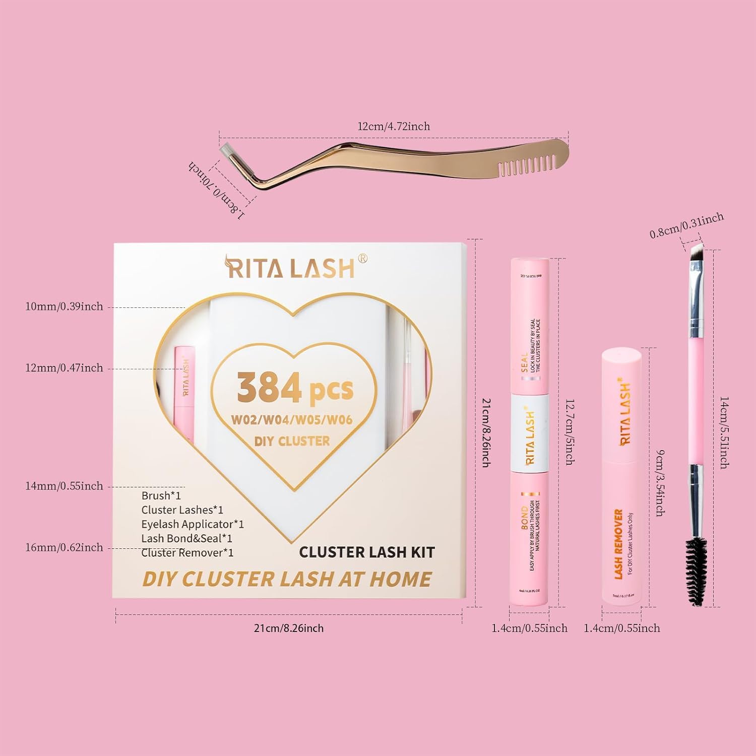 RITALASH Kit di extension per ciglia fai da te, 384 pezzi, kit per extension per ciglia con pennello per mascara, applicatore per rimuovere colla e colla per ciglia (384 pezzi W02+W04+W05+W06)