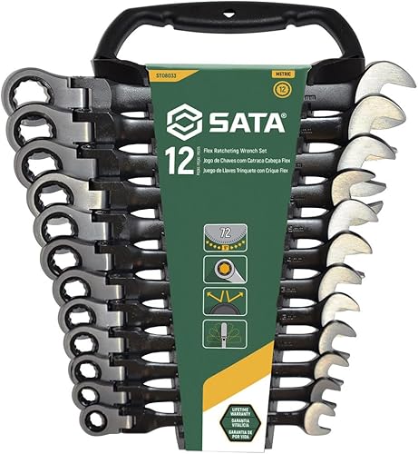 SATA ST08033 Juego de llaves de trinquete de cabeza flexible métrica de 12 piezas, edición negra