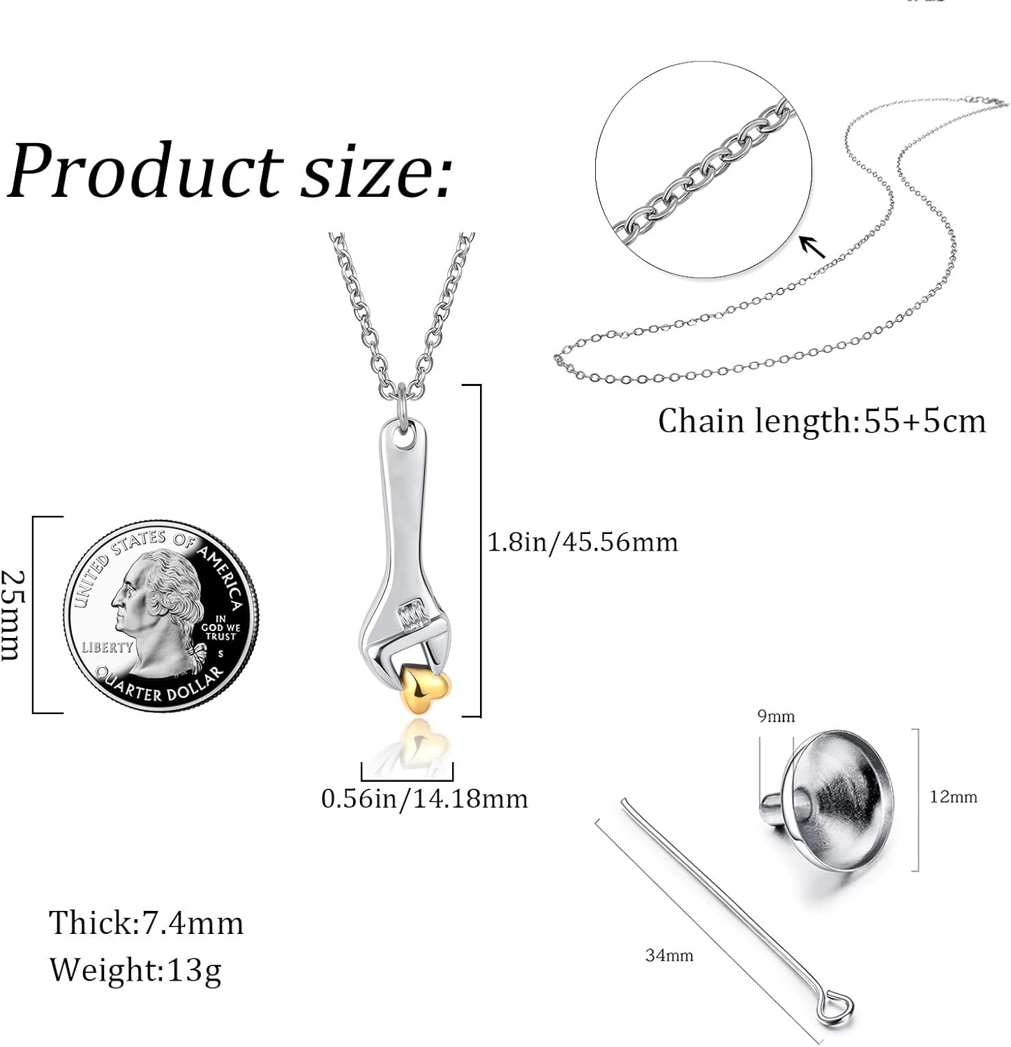 Tool Wrench Cremation Jewelry Spanner Urn Necklace for Ashes Holder Stainless Steel Urn Locket Memorial Keepsake Jewelry for Grandpa Son Brother - Image 5