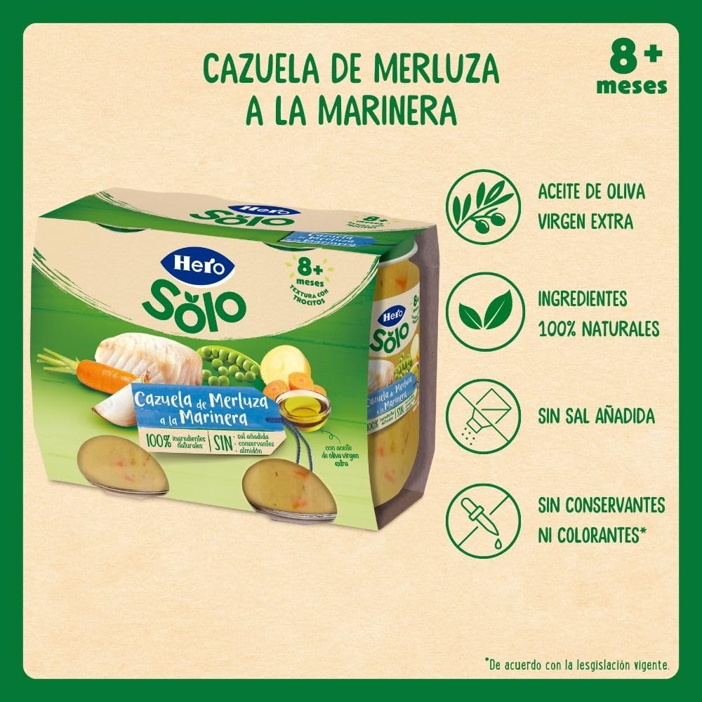 Hero Baby - Recetas Caseras, Tarritos de Cazuelita de Merluza a la Marinera, Sin Sal Añadida, Sin Almidón, Sin Aceite de Palma, Ingredientes 100% Naturales, 6 Packs de 2x190g