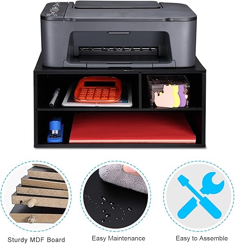 Miniatura 3 de EMERIT Estante para impresora con almacenamiento, organizador de papel de escritorio de madera para el hogaroficina, elevador de impresora, 2 niveles