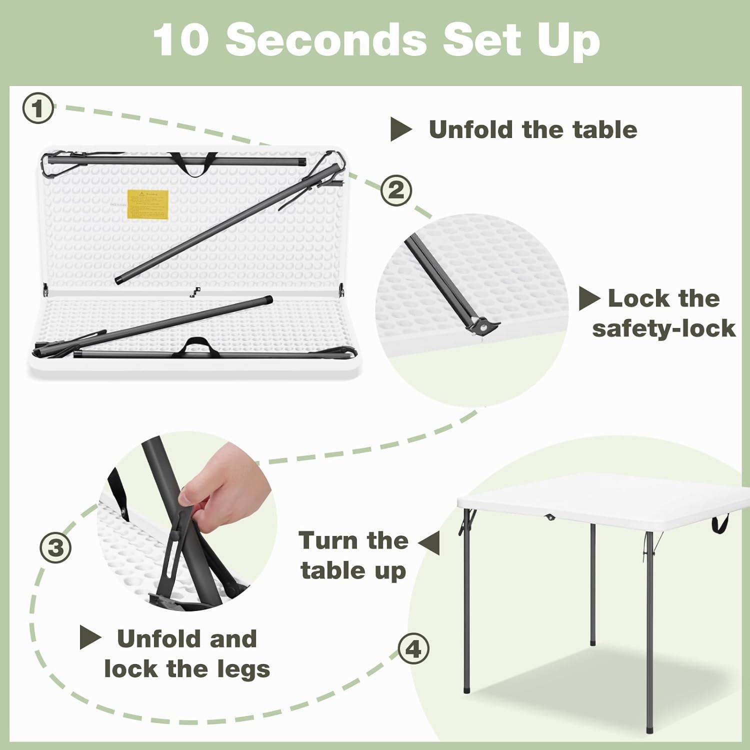 34" Square Folding Table for 4 Person, 330lbs Weight Capacity Foldable Table with HDPE Tabletop & Heavy-Duty Steel Legs, Large Portable Picnic Table for Indoor Outdoor Parties, Camping, White