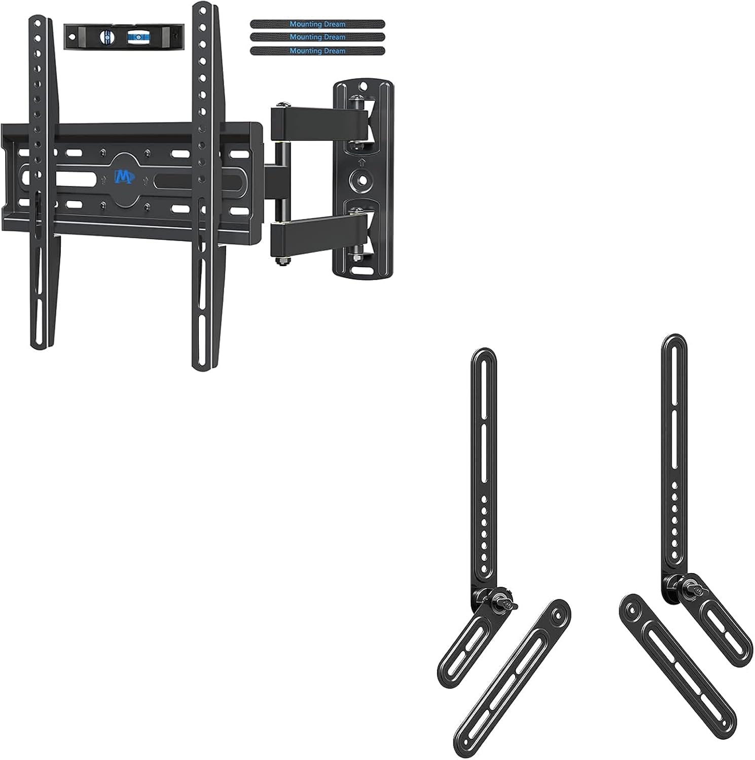 Mounting Dream Full Motion TV Wall Mount and Soundbar Bracket Bundle, TV Bracket for 26-55 Inch TVs, Max VESA 400x400mm and 60 LBS, Sound Bar Mount Designed for TVs with Protruded Bottom Up to 22 LBS