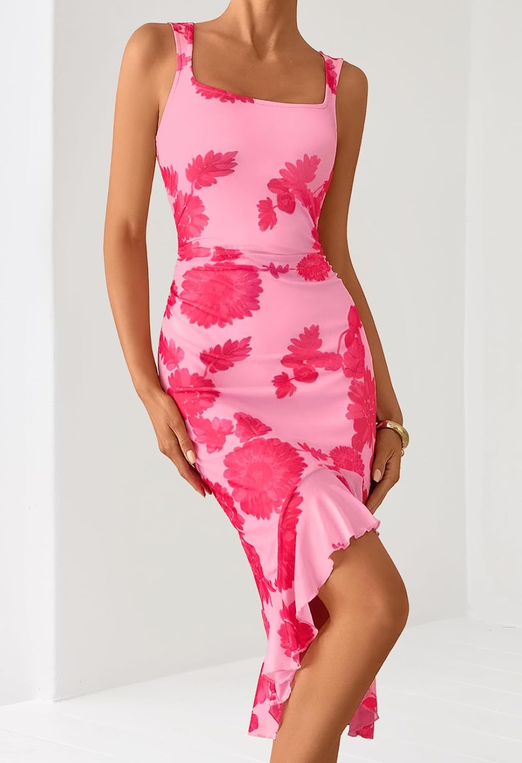 MEROKEETY Women's 2026 Summer Floral Bodycon Dress Square Neck Sleeveless Ruffle Cocktail Mesh Beach Vacation Midi Dresses - Image 4