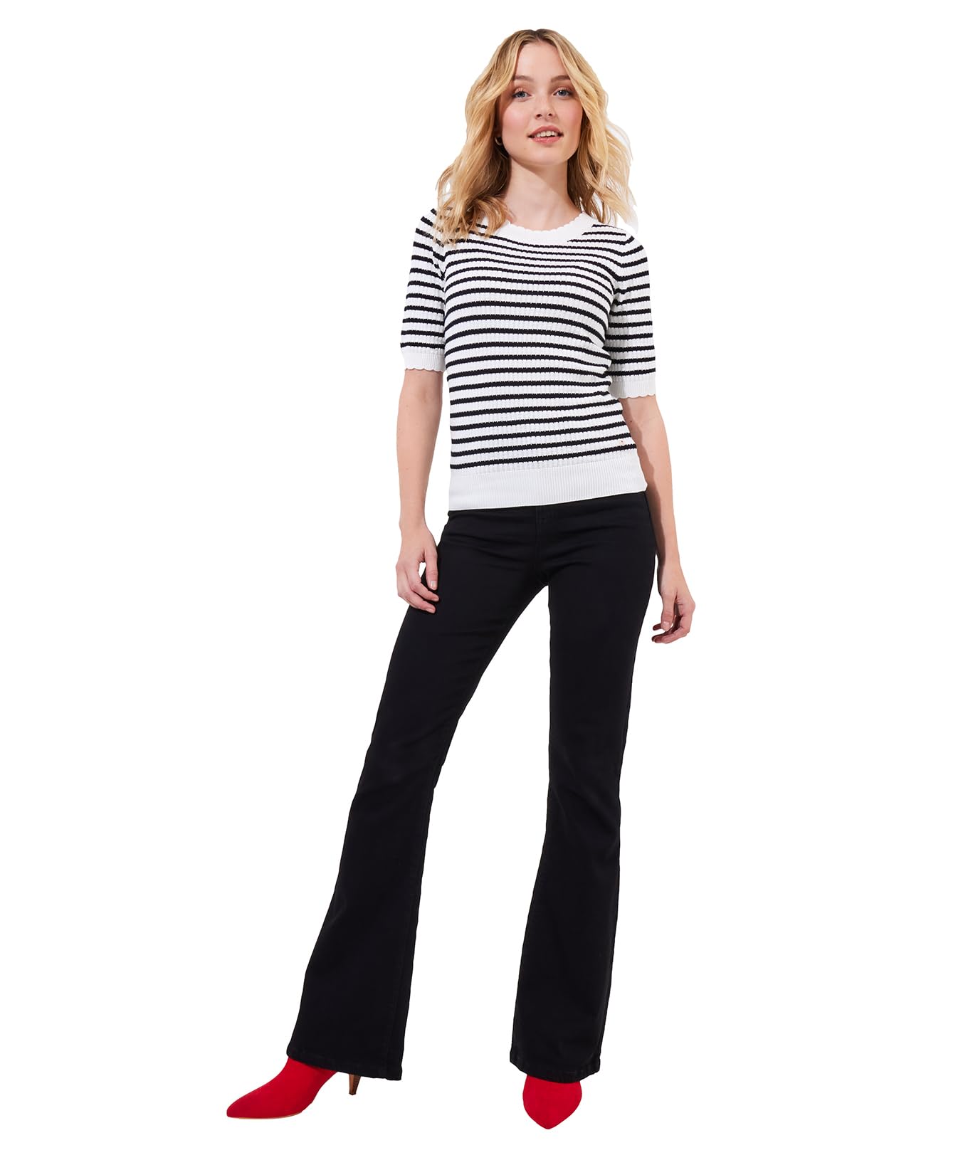 Joe Browns Women's Black Striped Short Sleeve Knitted Top In | Size: 6