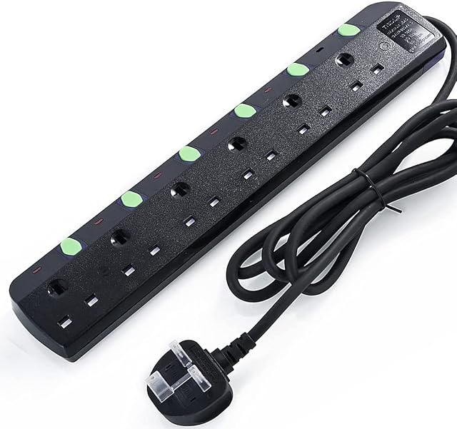 YOPOTIKA Extension Lead 2 m with 6 Individual Switches and Led Indicators,UK Plug Socket Extensions Power Strip with Surge Protected Overload Protection Wall Mountable Extension Cord