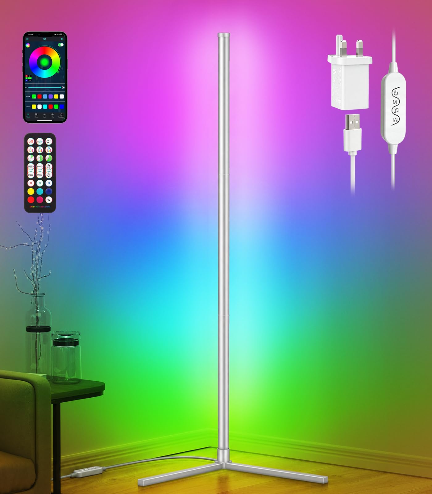 riyo Led Floor Lamp, RGB Corner Floor Lamp, Silver