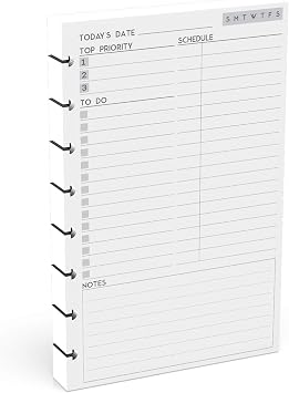 Discbound Undated Daily Plan Paper Refill, 120 GSM, 100 Sheets 200 Pages/Days, 8 Disc Pre-Punched Inserts, Loose Leaf, White, 5.5 inch x 8.5 Inch, Daily To-Do, Notes, and Scheduling