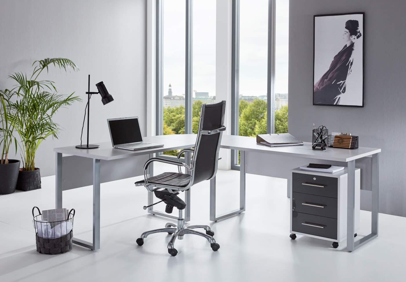 Büromöbel-Set Office Edition: Winkelschreibtisch mit Rollcontainer in Lichtgrau/Anthrazit Hochglanz