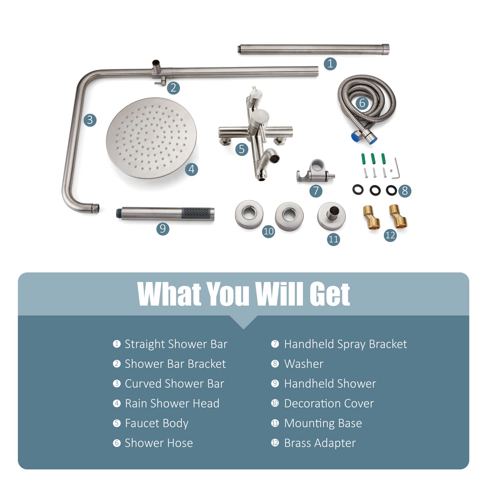 Aolemi Duscharmatur SUS304 mit dreifacher Funktion, gebürstetes Nickel, Wandmontage, Edelstahl-Duscharmatur-Set mit Handbrause, 20,3 cm Regenduschkopf