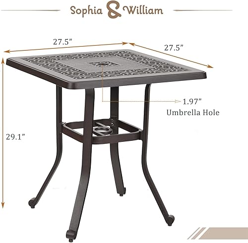 Miniatura 3 de Sophia & William Mesa cuadrada de aluminio fundido para patio, con agujero para sombrilla de 1.97 pulgadas, mesa de comedor de bronce prémium para