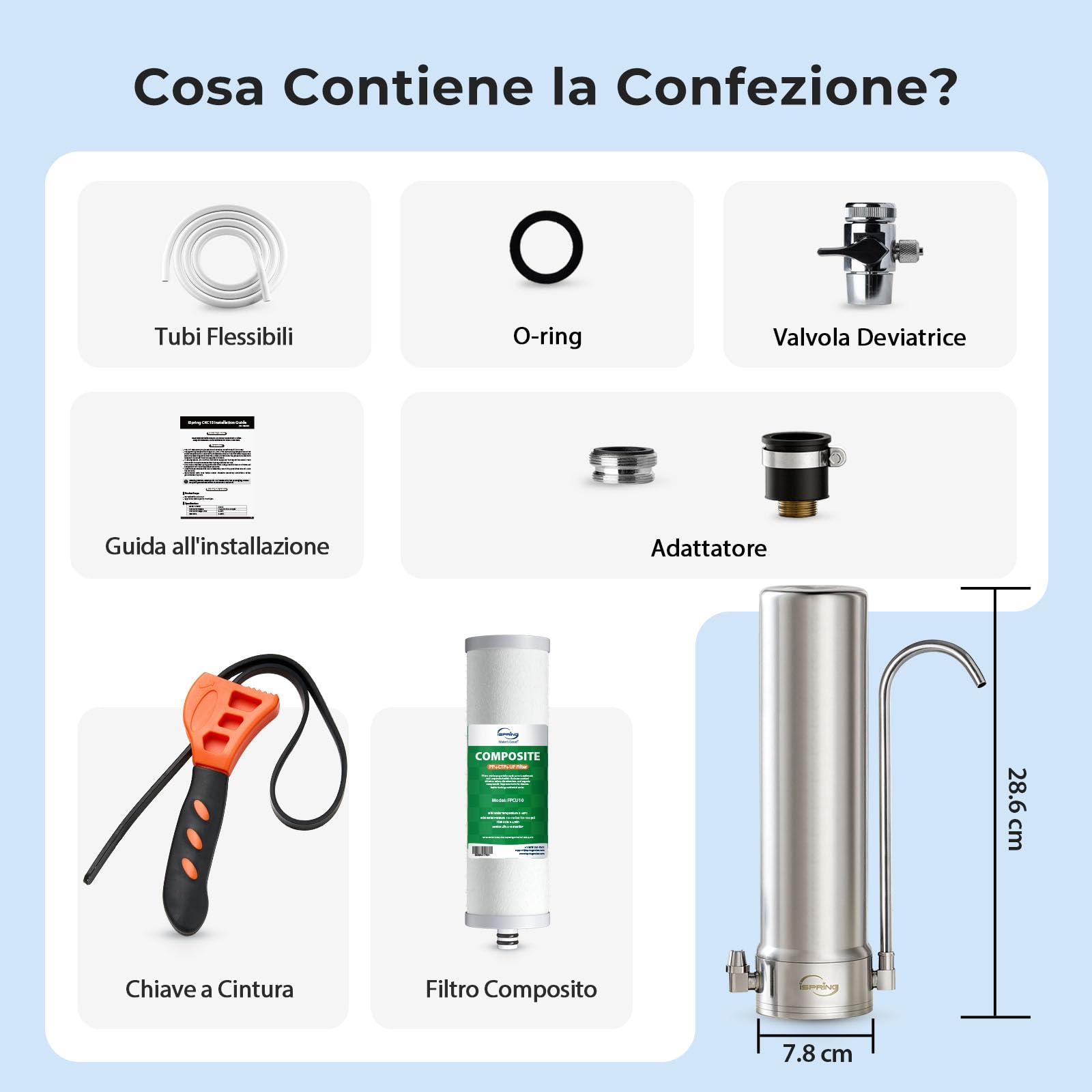 iSpring CKC1S Depuratore d’Acqua Rubinetto Acciaio Inox Ultrafiltrazione 0,01μm & Carbone Purificatore d’Acqua Per Lavello Ideale Affitto