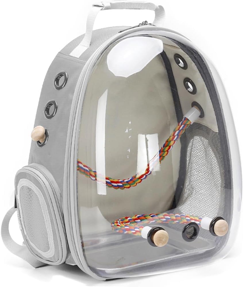Bird Carrier Backpack, Clear Bubble Bird Travel Carrier Backpack with Stainless Steel Tray and Standing Perch (Gray)