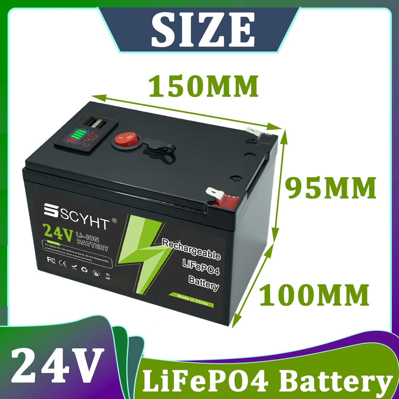Batteria al litio 24 V 10 Ah 8 Ah Batteria LiFePO4 12 Ah Batterie agli ioni di litio 24 V Batterie di ricambio per alimentazione solare di backup con porta USB,24v12ah