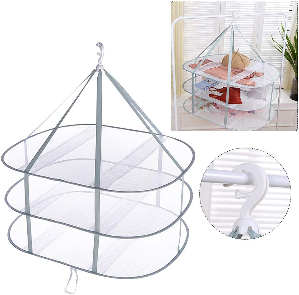 3-Tier Folding Drying Rack - Stackable Mesh Clothes Dryer for Laundry - 31" Hanging Flat Dry Rack with Fixing Band for Delicates, T-Shirts & Underwear - Space Saving Indoor/Outdoor, 10lb Capacity