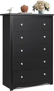 WLIVE Wood Dresser with 5 Drawers, Black Wooden Storage Cabinet, Organizer Drawers for Bedroom, Living Room, Hallway, Measuring 15.75" W * 31.50" D * 45.35" H 